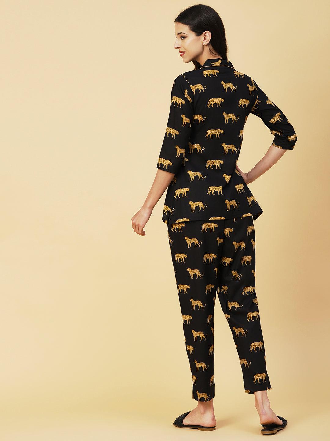 Animal Printed A-line Shirt With Pants Lounge Wear Set - Black - Indiakreations