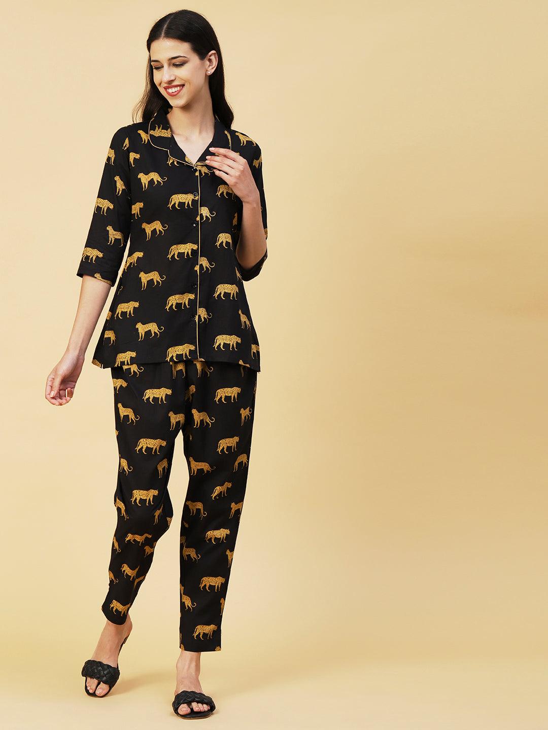 Animal Printed A-line Shirt With Pants Lounge Wear Set - Black - Indiakreations