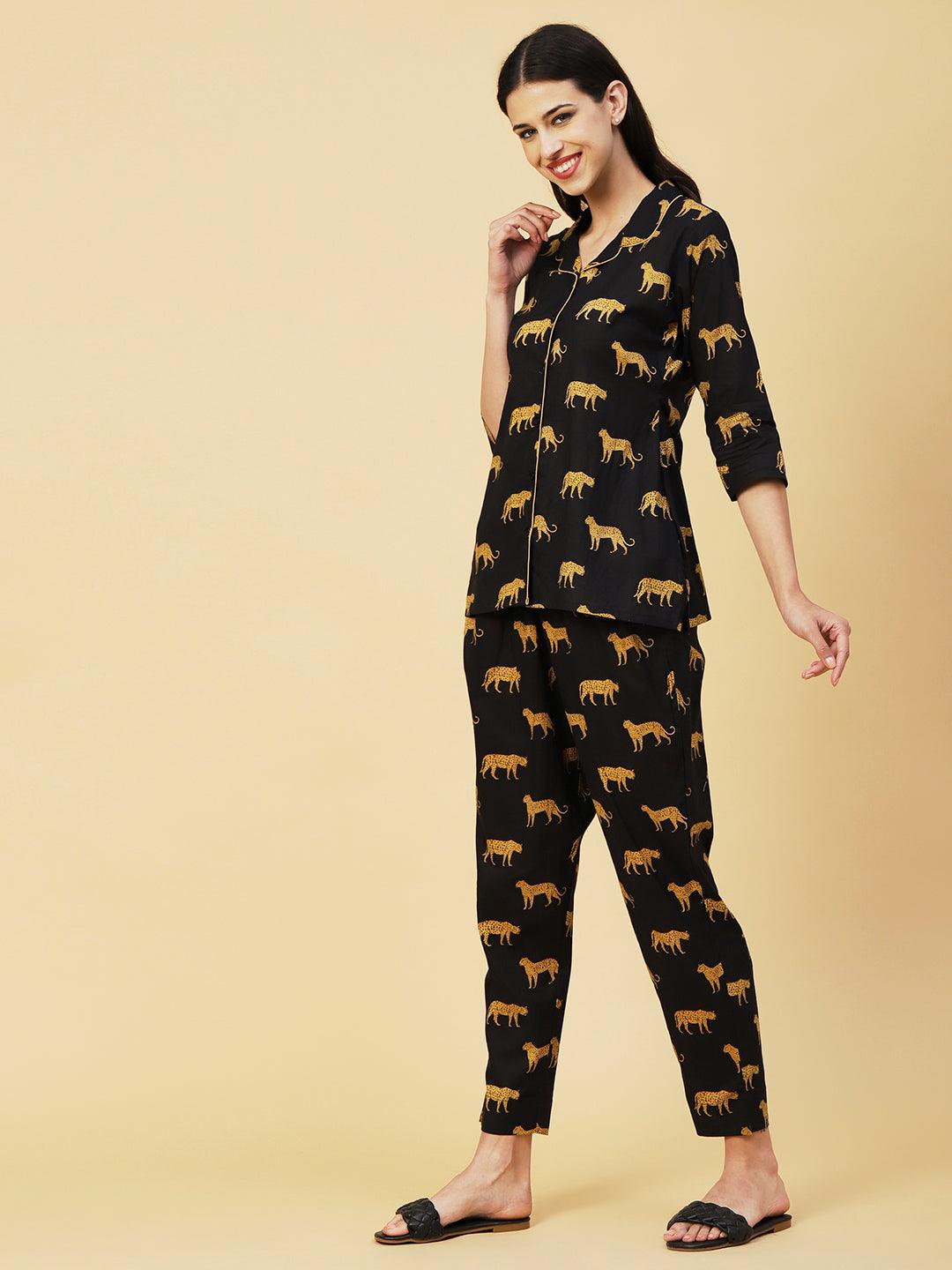 Animal Printed A-line Shirt With Pants Lounge Wear Set - Black - Indiakreations