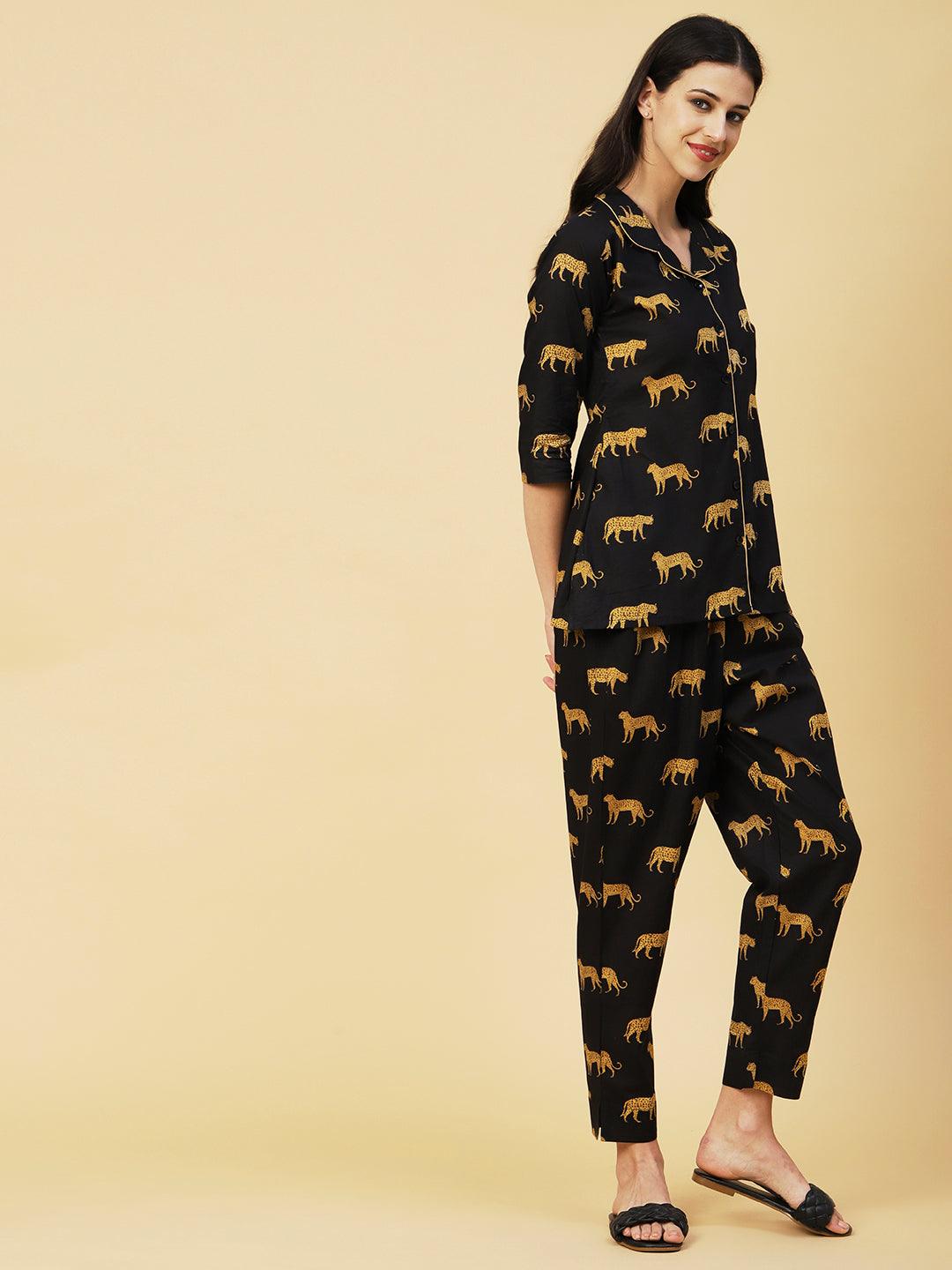 Animal Printed A-line Shirt With Pants Lounge Wear Set - Black - Indiakreations