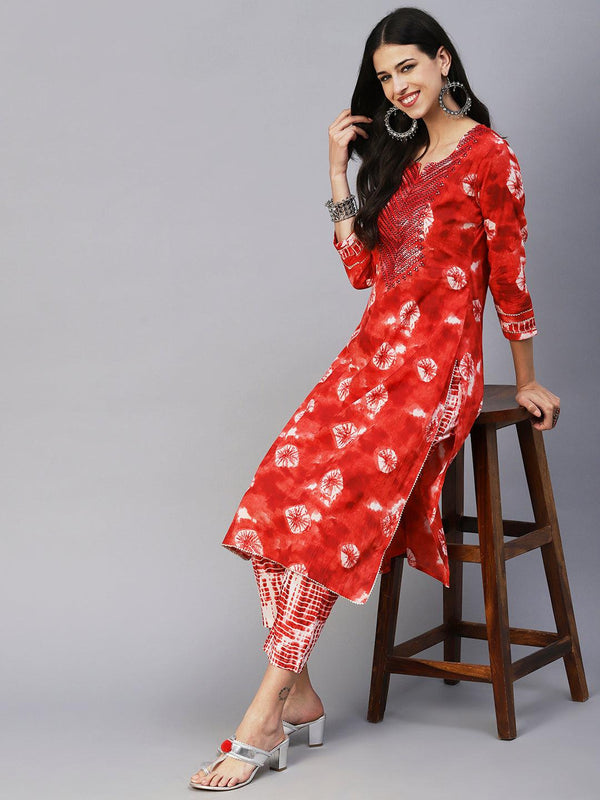 Abstract Tie-Dye Texture Printed Mirror & Resham Embroidered Kurta With Pants - Red - Indiakreations