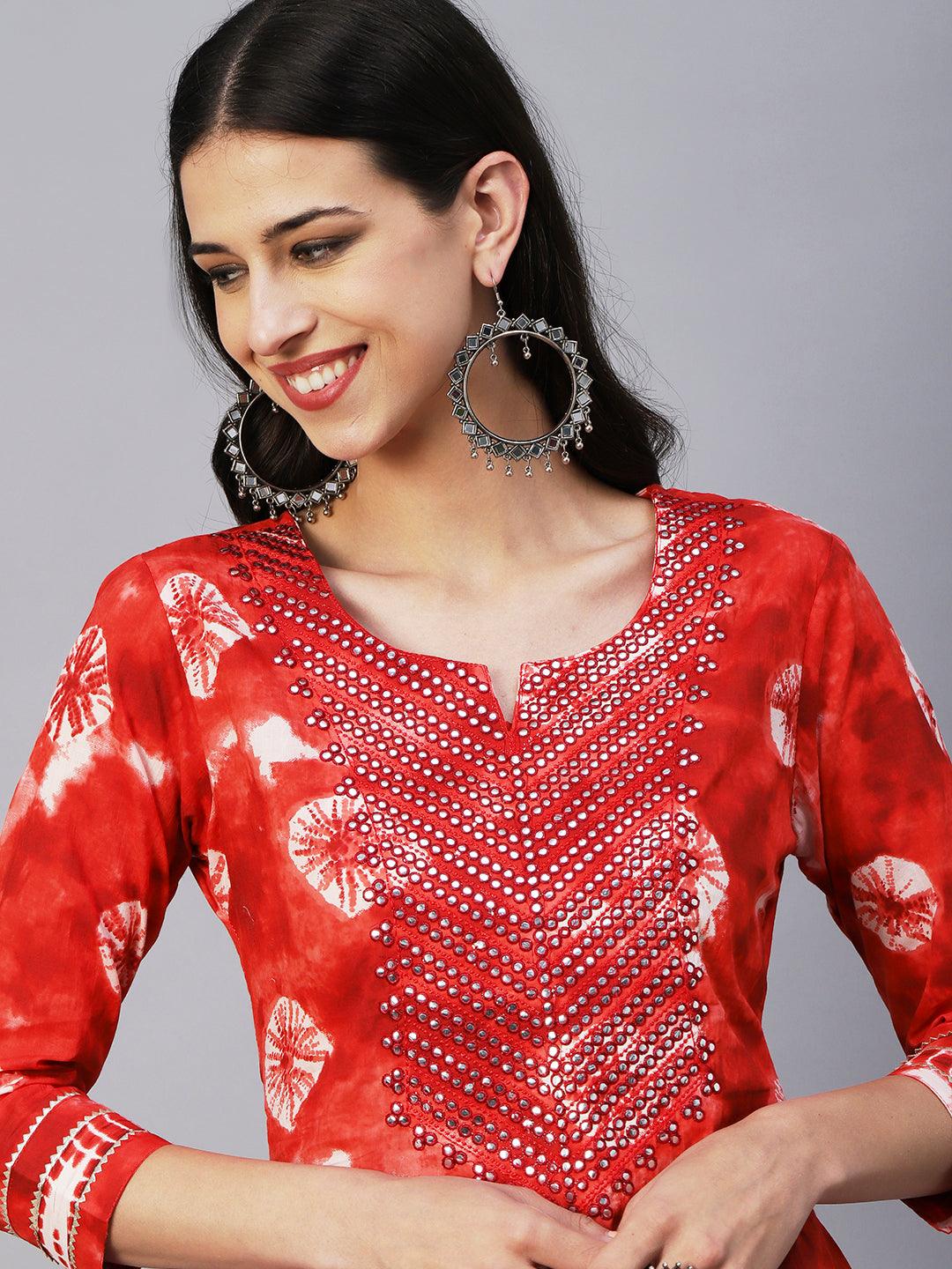 Abstract Tie-Dye Texture Printed Mirror & Resham Embroidered Kurta With Pants - Red - Indiakreations