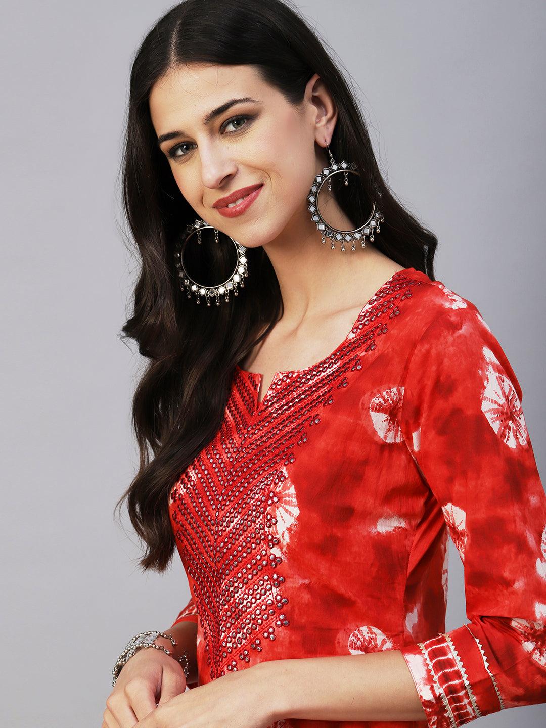 Abstract Tie-Dye Texture Printed Mirror & Resham Embroidered Kurta With Pants - Red - Indiakreations