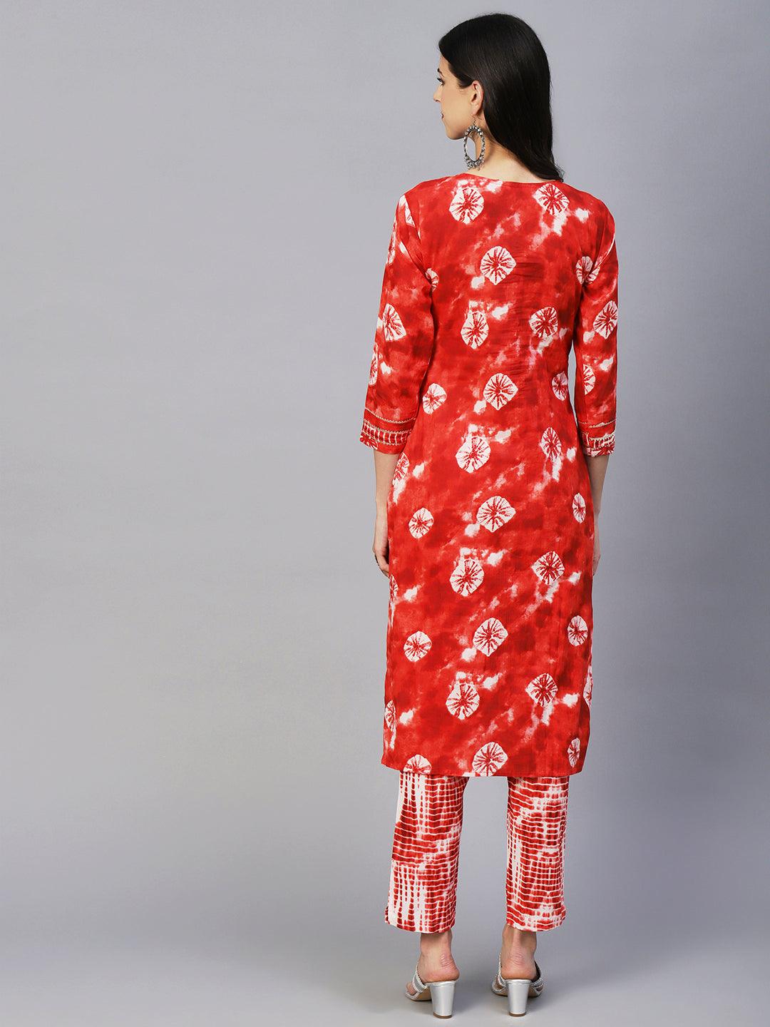 Abstract Tie-Dye Texture Printed Mirror & Resham Embroidered Kurta With Pants - Red - Indiakreations