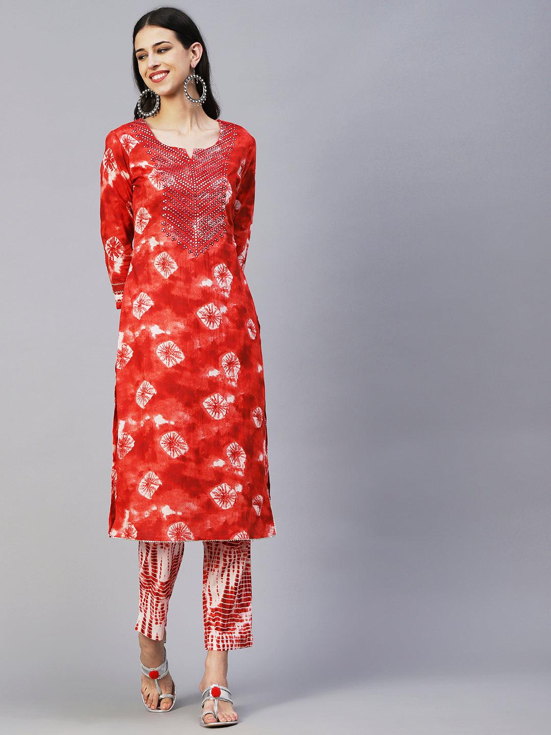 Abstract Tie-Dye Texture Printed Mirror & Resham Embroidered Kurta With Pants - Red - Indiakreations