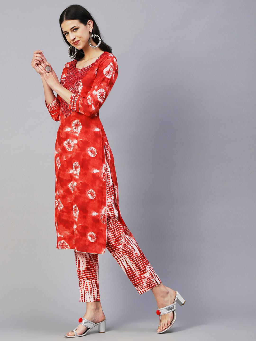 Abstract Tie-Dye Texture Printed Mirror & Resham Embroidered Kurta With Pants - Red - Indiakreations