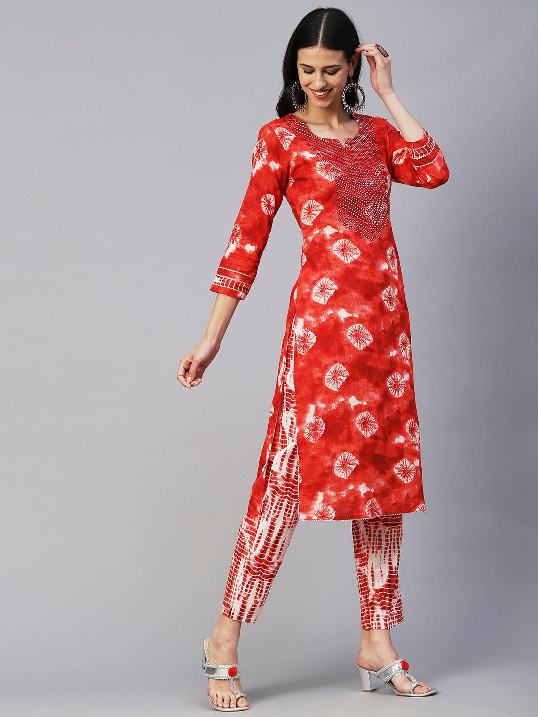 Abstract Tie-Dye Texture Printed Mirror & Resham Embroidered Kurta With Pants - Red - Indiakreations