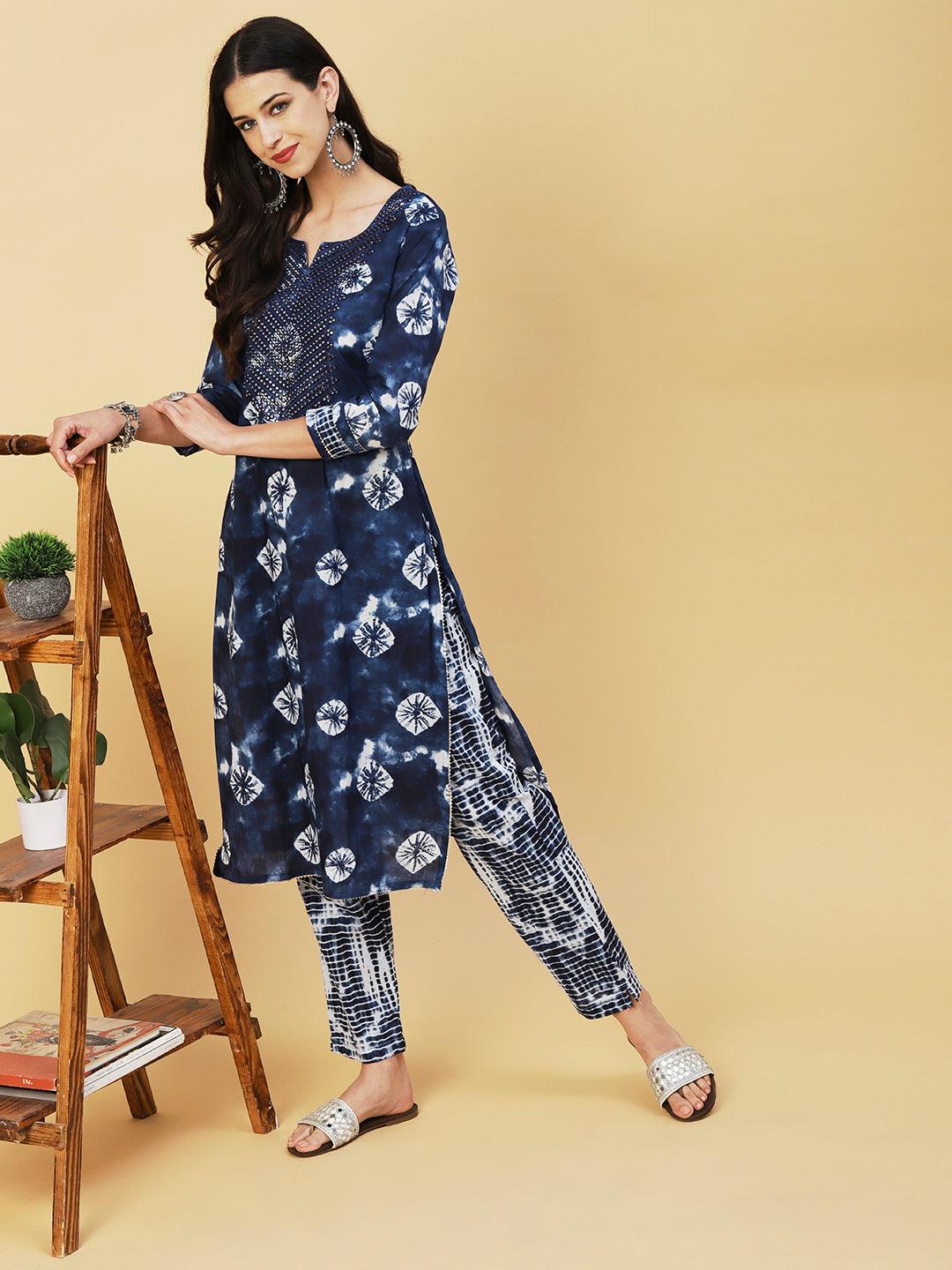 Abstract Tie-Dye Texture Printed Mirror & Resham Embroidered Kurta With Pants - Navy Blue - Indiakreations