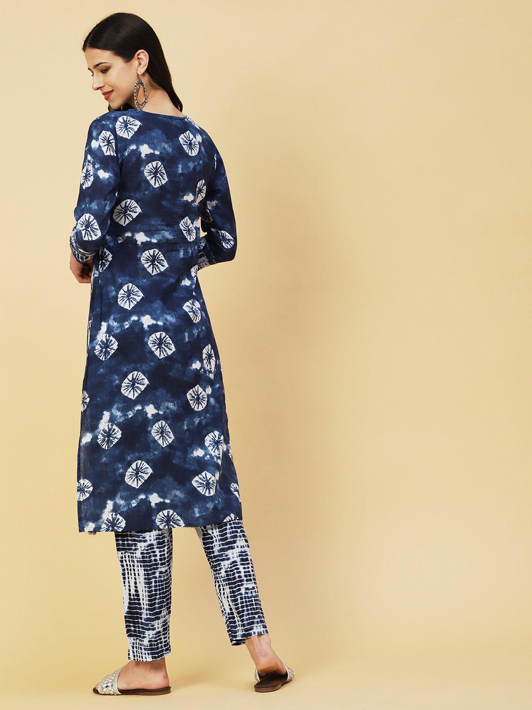 Abstract Tie-Dye Texture Printed Mirror & Resham Embroidered Kurta With Pants - Navy Blue - Indiakreations