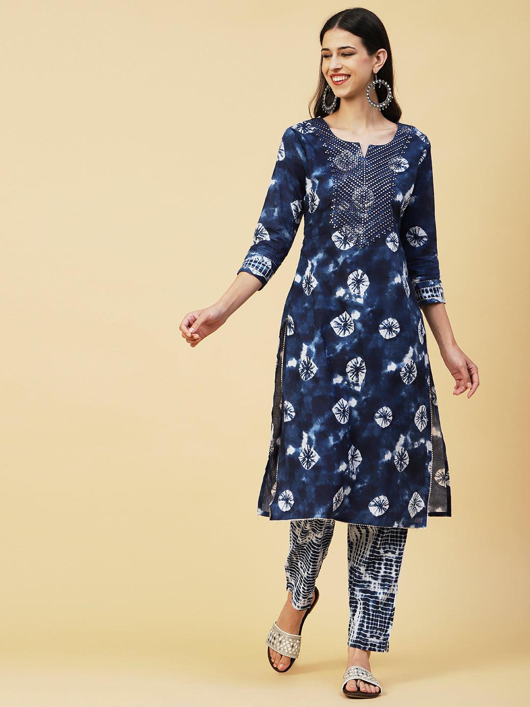 Abstract Tie-Dye Texture Printed Mirror & Resham Embroidered Kurta With Pants - Navy Blue - Indiakreations