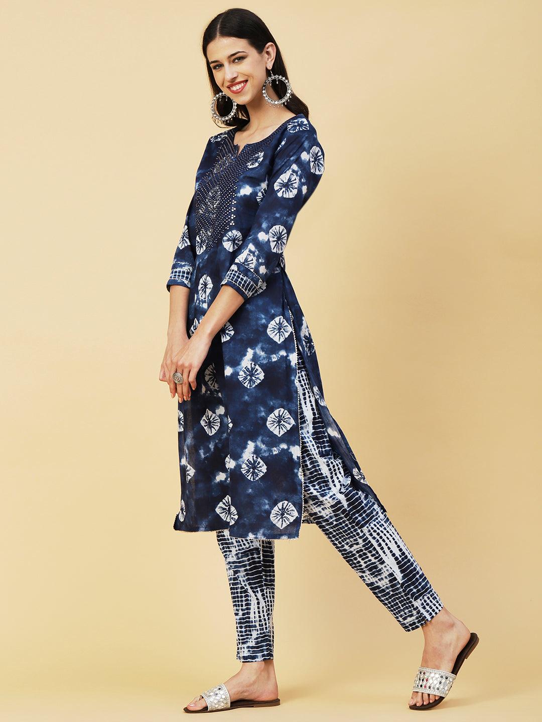 Abstract Tie-Dye Texture Printed Mirror & Resham Embroidered Kurta With Pants - Navy Blue - Indiakreations