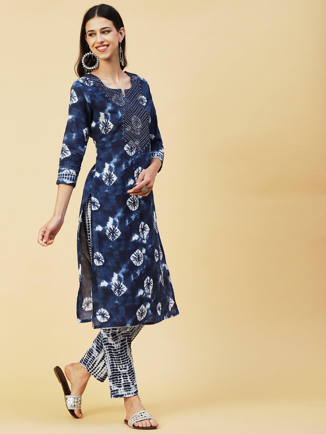 Abstract Tie-Dye Texture Printed Mirror & Resham Embroidered Kurta With Pants - Navy Blue - Indiakreations