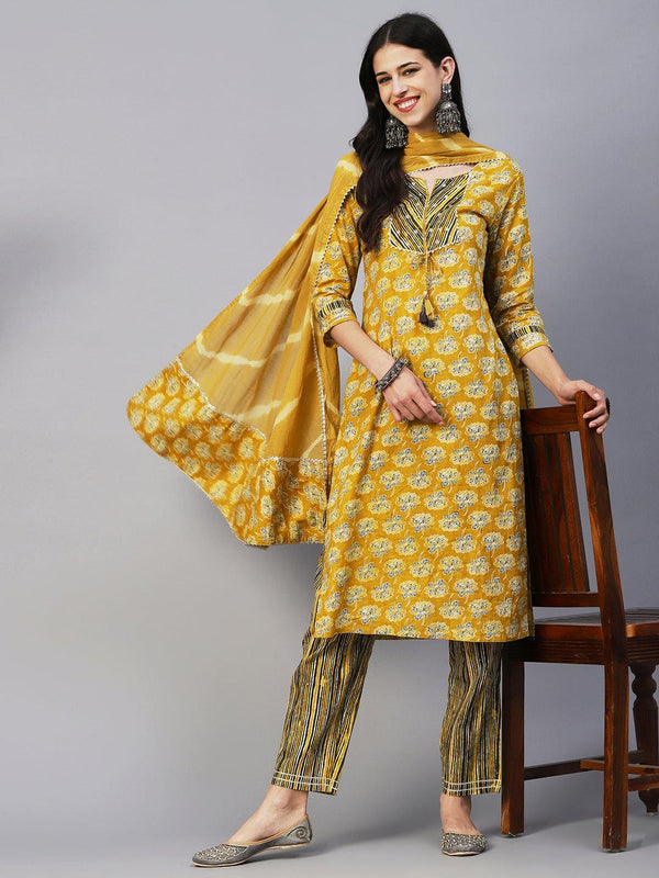 Floral Block Printed Zari Embroidered Kurta With Lehriya Pants & Dupatta - Mustard - Indiakreations