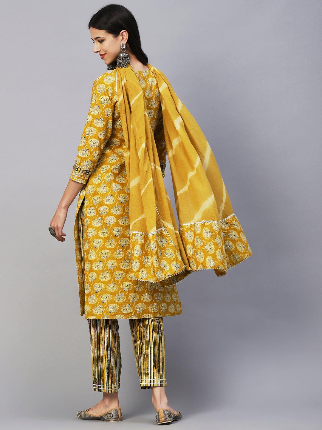 Floral Block Printed Zari Embroidered Kurta With Lehriya Pants & Dupatta - Mustard - Indiakreations