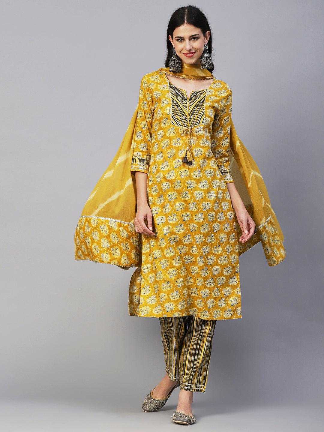 Floral Block Printed Zari Embroidered Kurta With Lehriya Pants & Dupatta - Mustard - Indiakreations