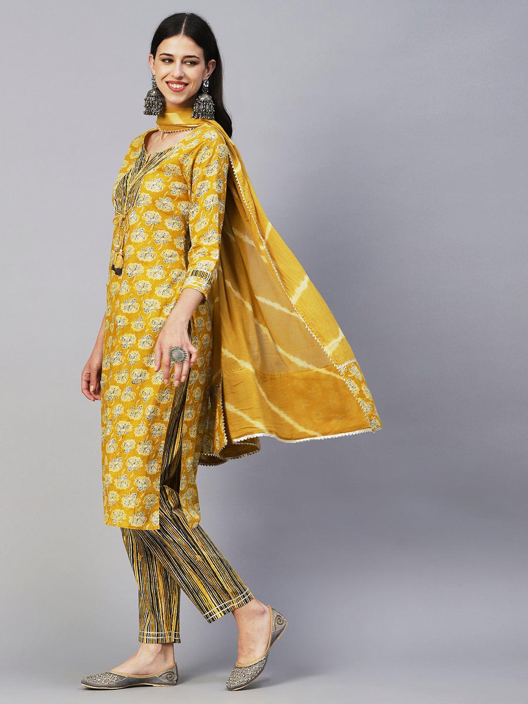 Floral Block Printed Zari Embroidered Kurta With Lehriya Pants & Dupatta - Mustard - Indiakreations