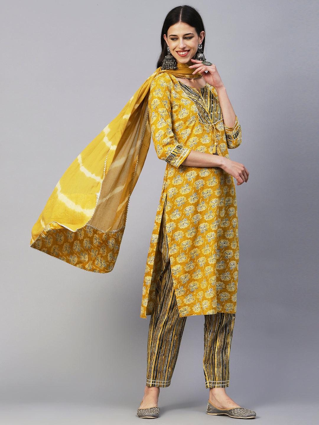 Floral Block Printed Zari Embroidered Kurta With Lehriya Pants & Dupatta - Mustard - Indiakreations