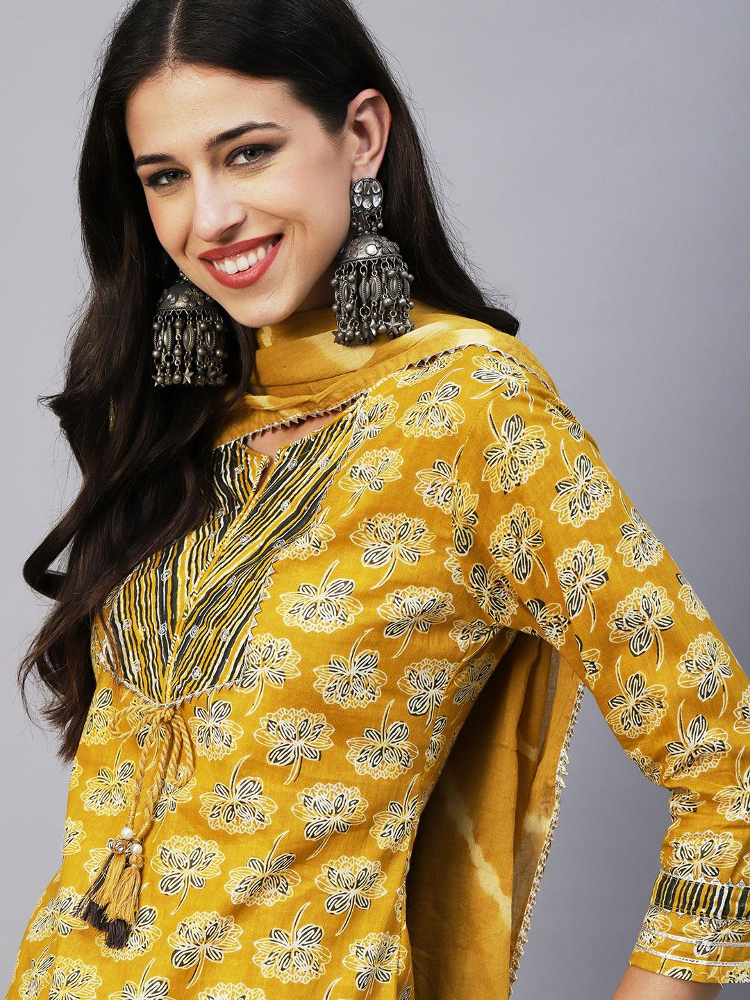 Floral Block Printed Zari Embroidered Kurta With Lehriya Pants & Dupatta - Mustard - Indiakreations