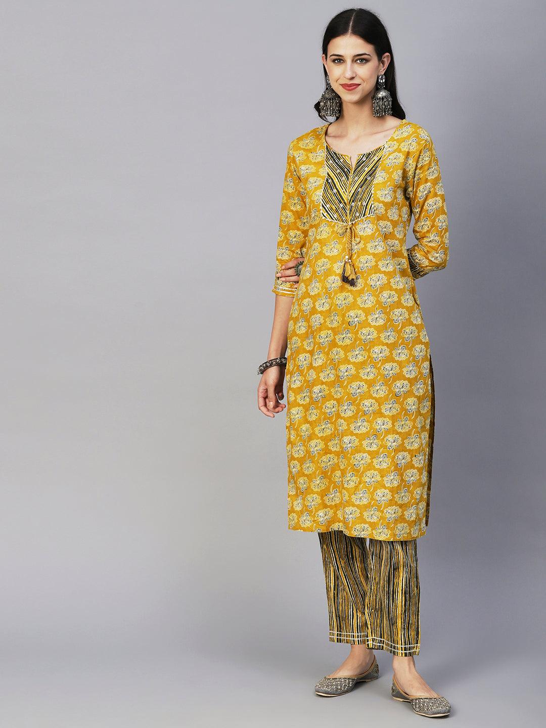 Floral Block Printed Zari Embroidered Kurta With Lehriya Pants & Dupatta - Mustard - Indiakreations