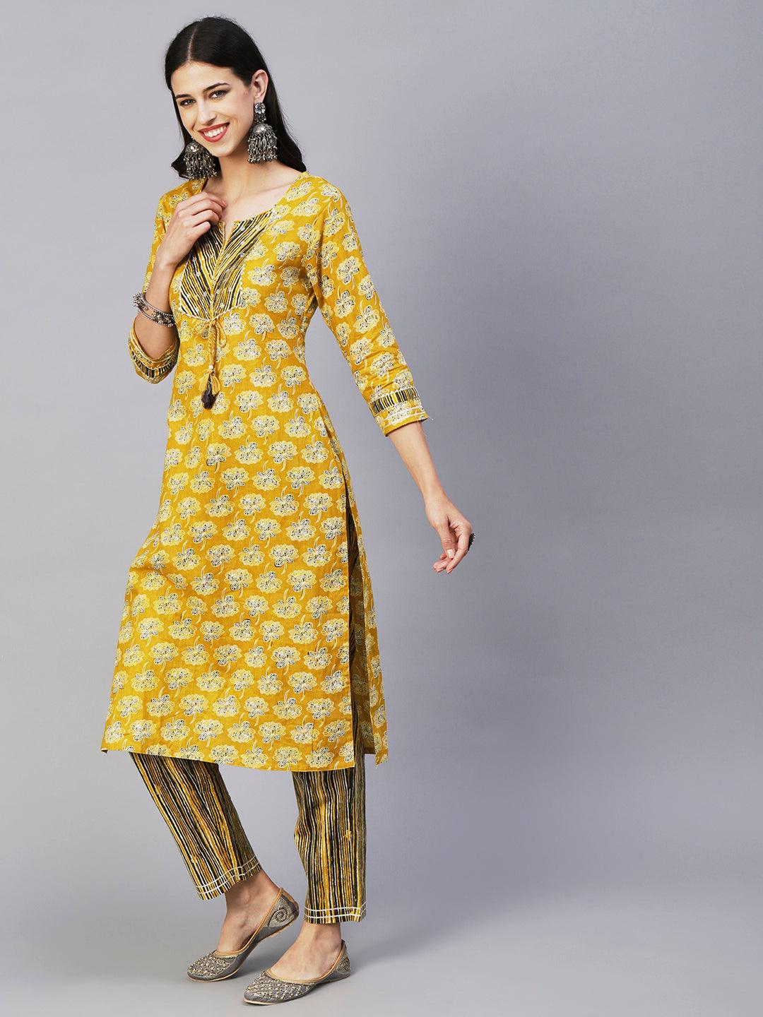 Floral Block Printed Zari Embroidered Kurta With Lehriya Pants & Dupatta - Mustard - Indiakreations