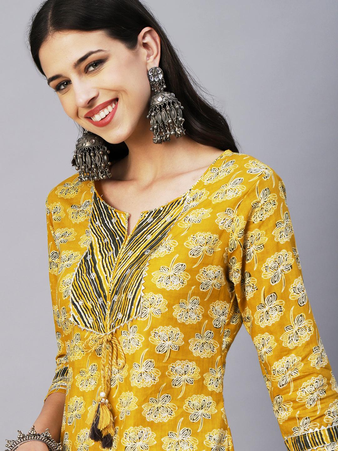 Floral Block Printed Zari Embroidered Kurta With Lehriya Pants & Dupatta - Mustard - Indiakreations