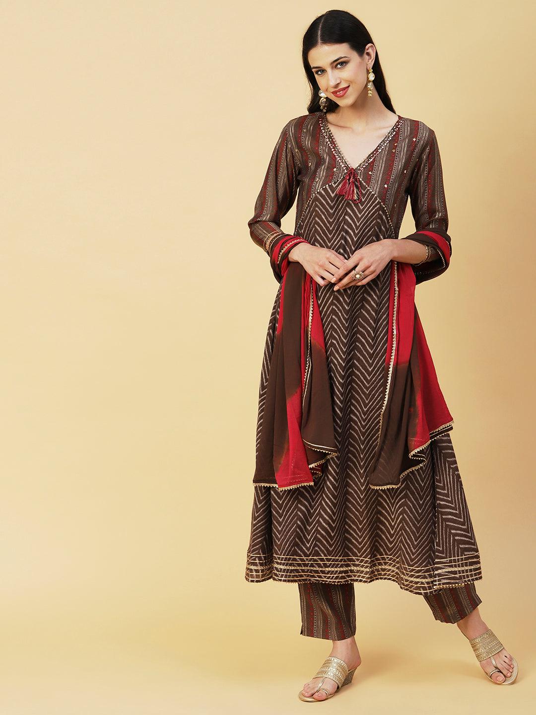 Chevron Printed Mirror & Sequins Embroidered Kurta With Pants & Dupatta - Brown - Indiakreations