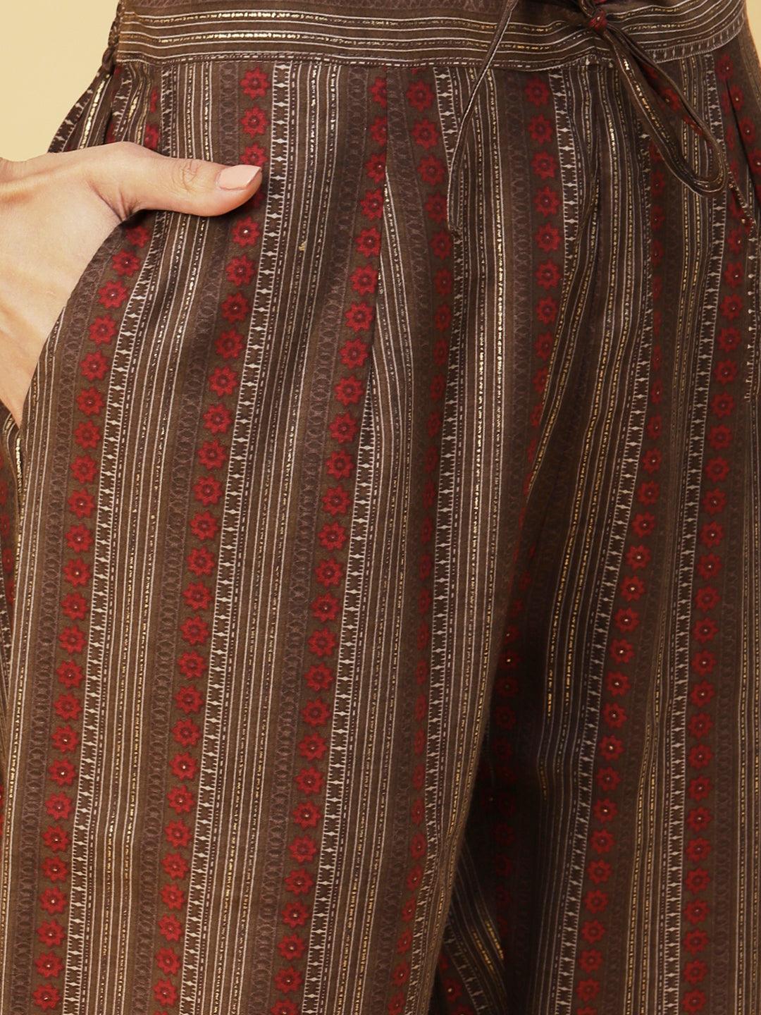 Chevron Printed Mirror & Sequins Embroidered Kurta With Pants & Dupatta - Brown - Indiakreations