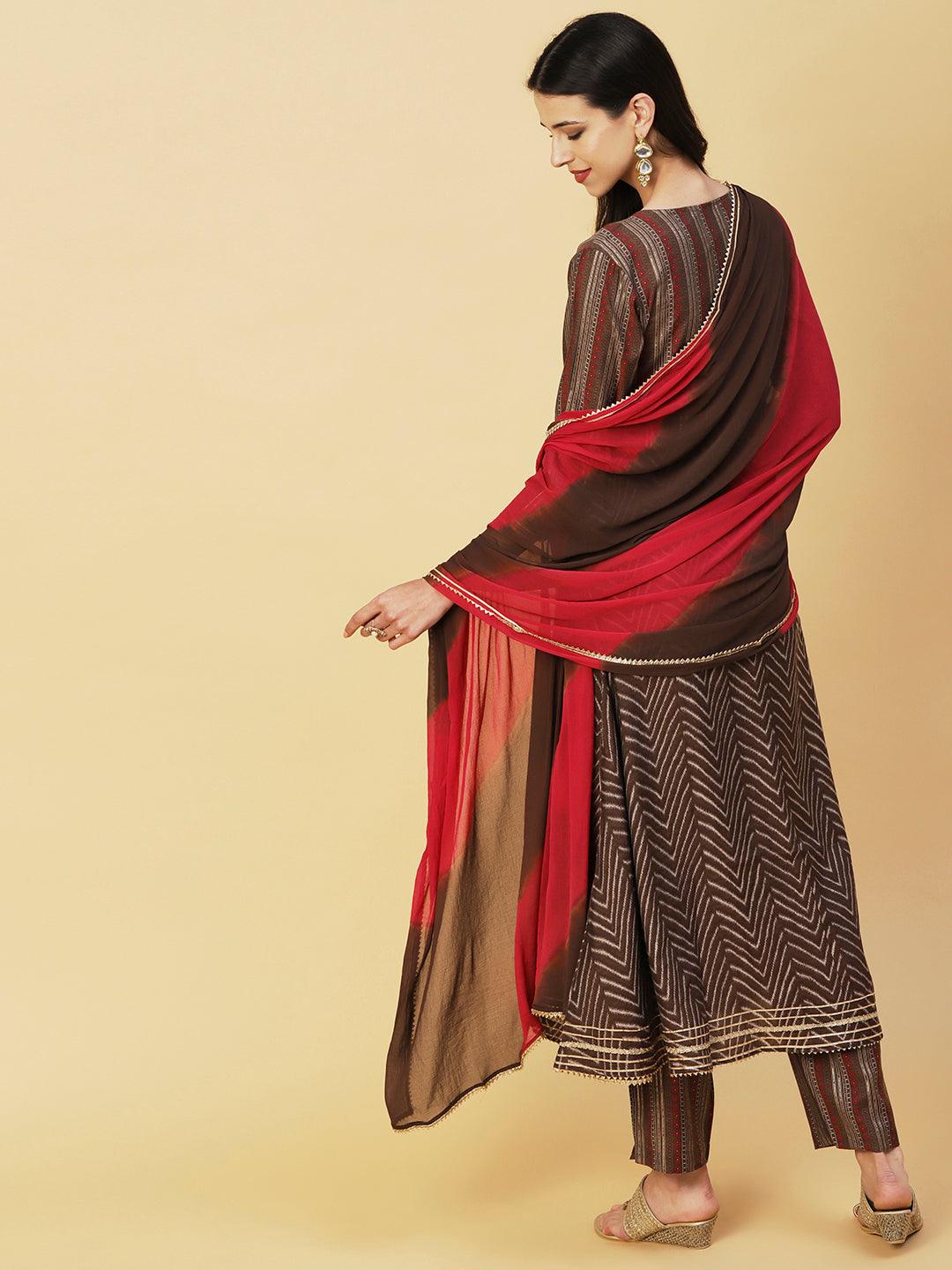 Chevron Printed Mirror & Sequins Embroidered Kurta With Pants & Dupatta - Brown - Indiakreations