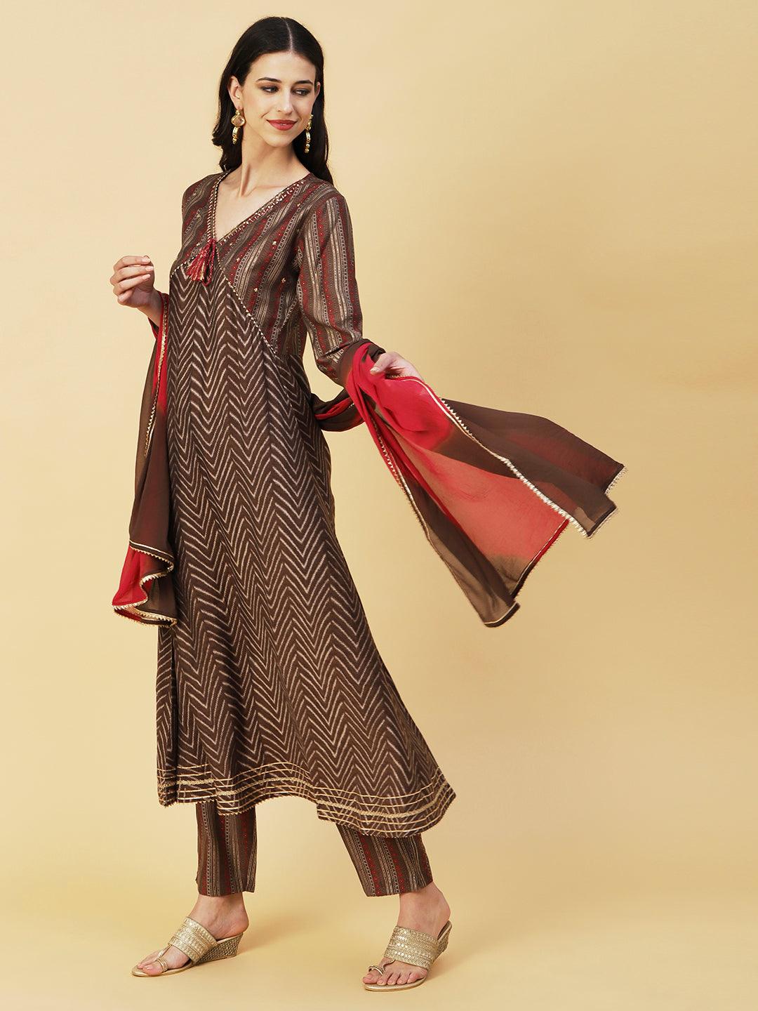 Chevron Printed Mirror & Sequins Embroidered Kurta With Pants & Dupatta - Brown - Indiakreations