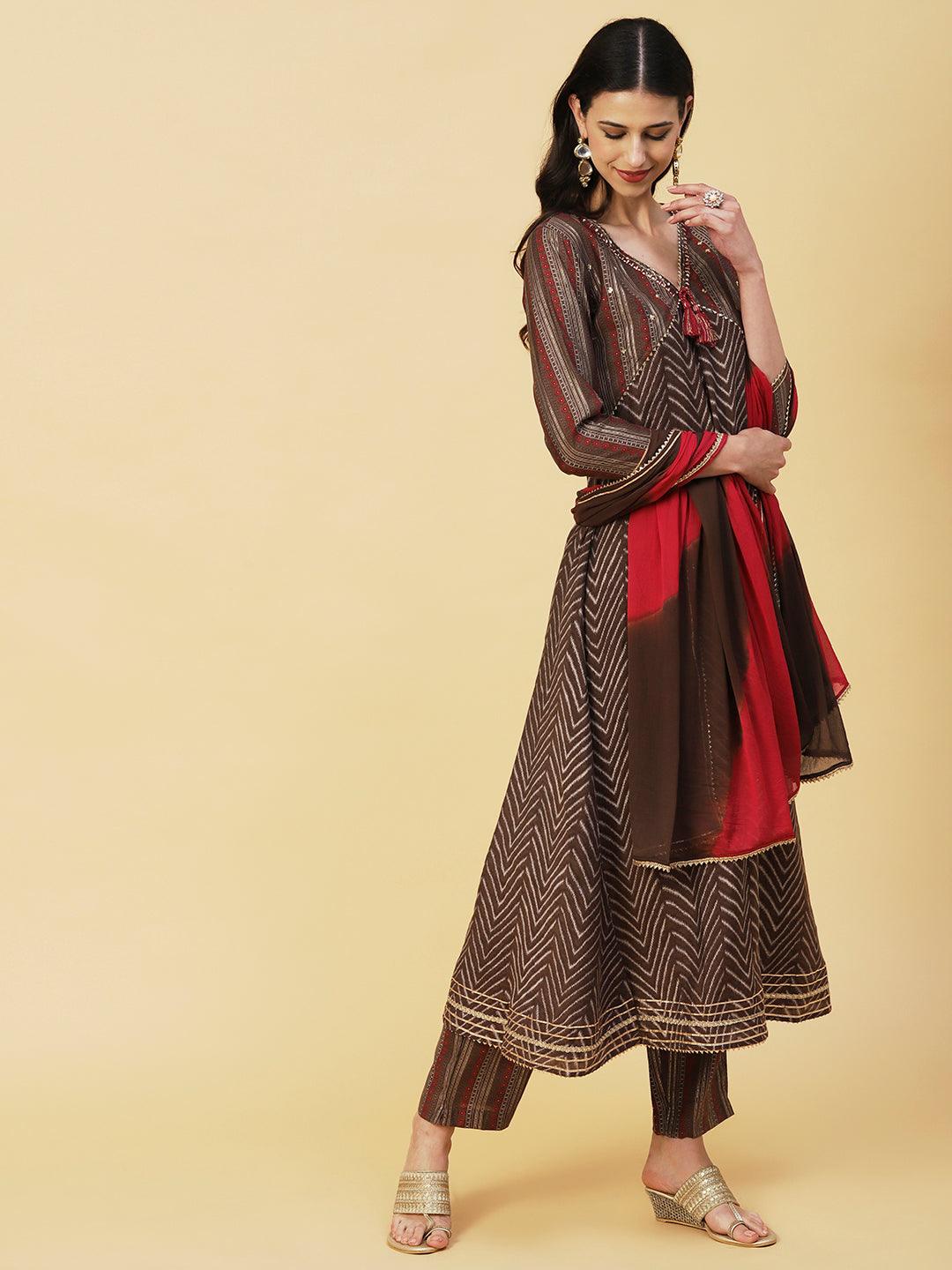 Chevron Printed Mirror & Sequins Embroidered Kurta With Pants & Dupatta - Brown - Indiakreations