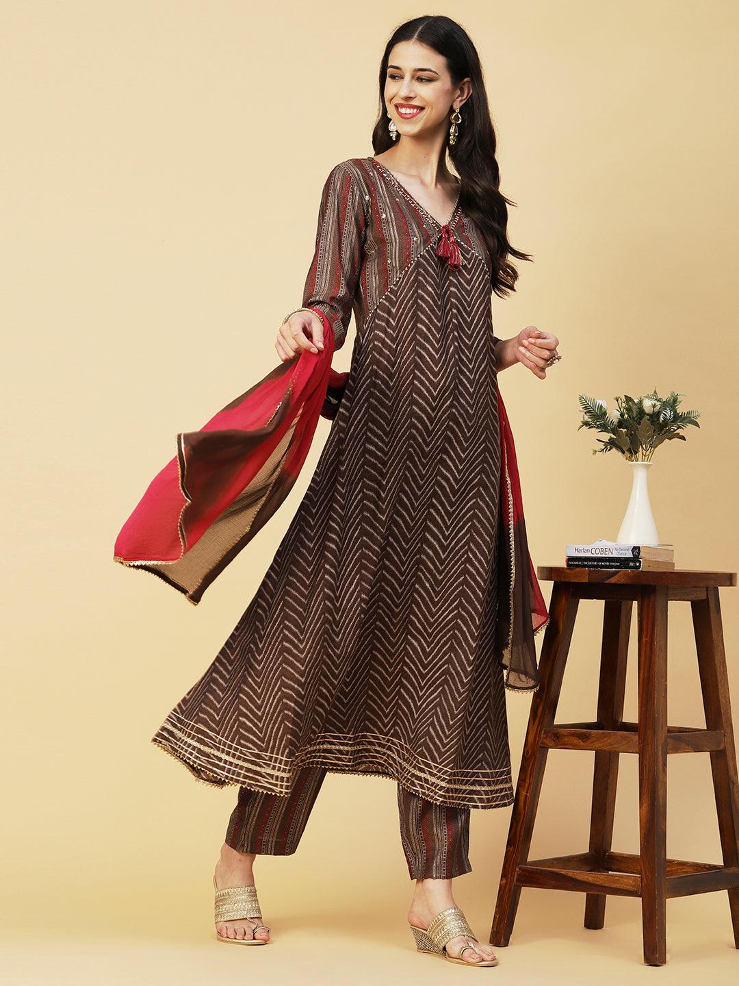 Chevron Printed Mirror & Sequins Embroidered Kurta With Pants & Dupatta - Brown - Indiakreations