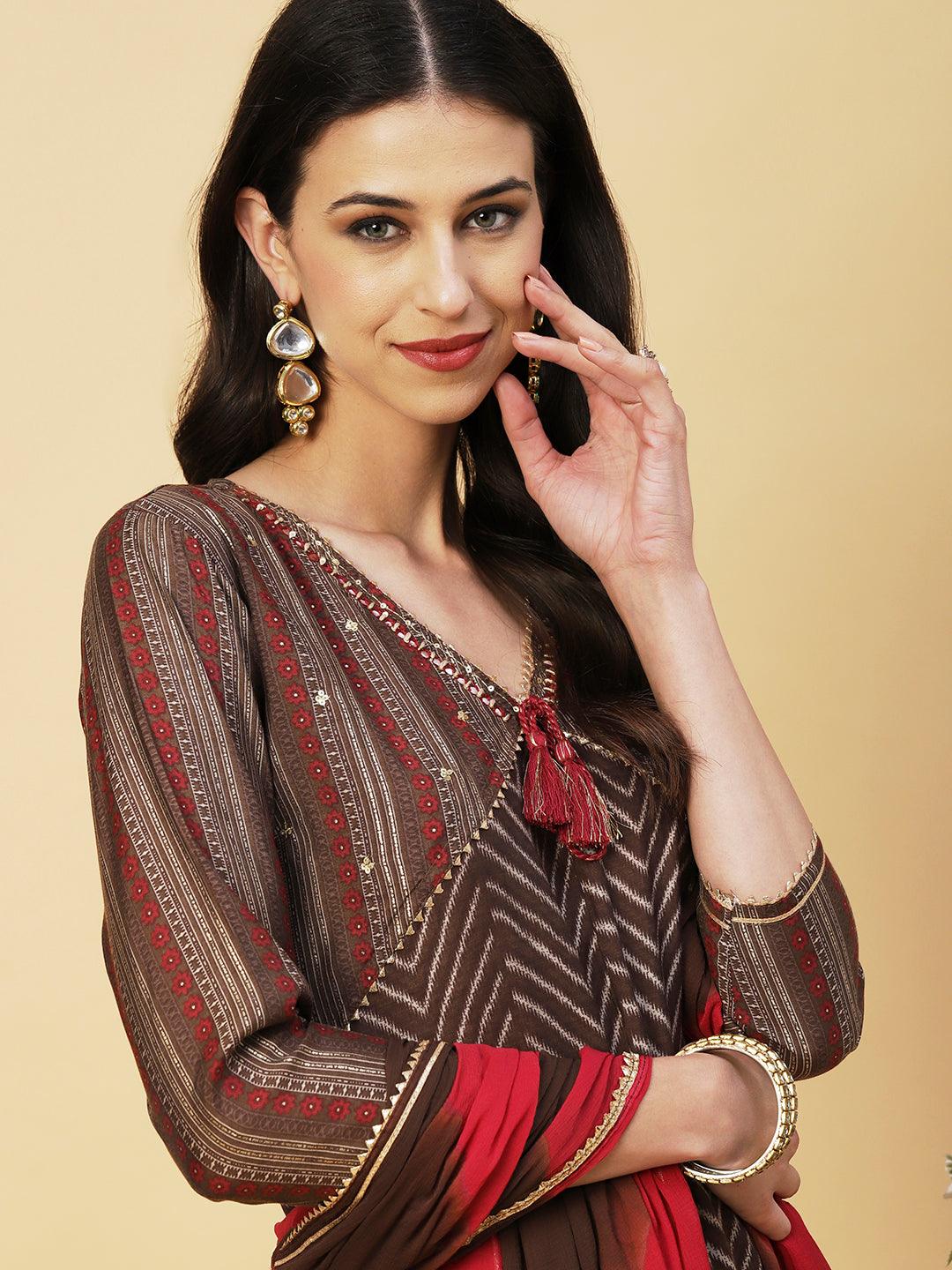 Chevron Printed Mirror & Sequins Embroidered Kurta With Pants & Dupatta - Brown - Indiakreations