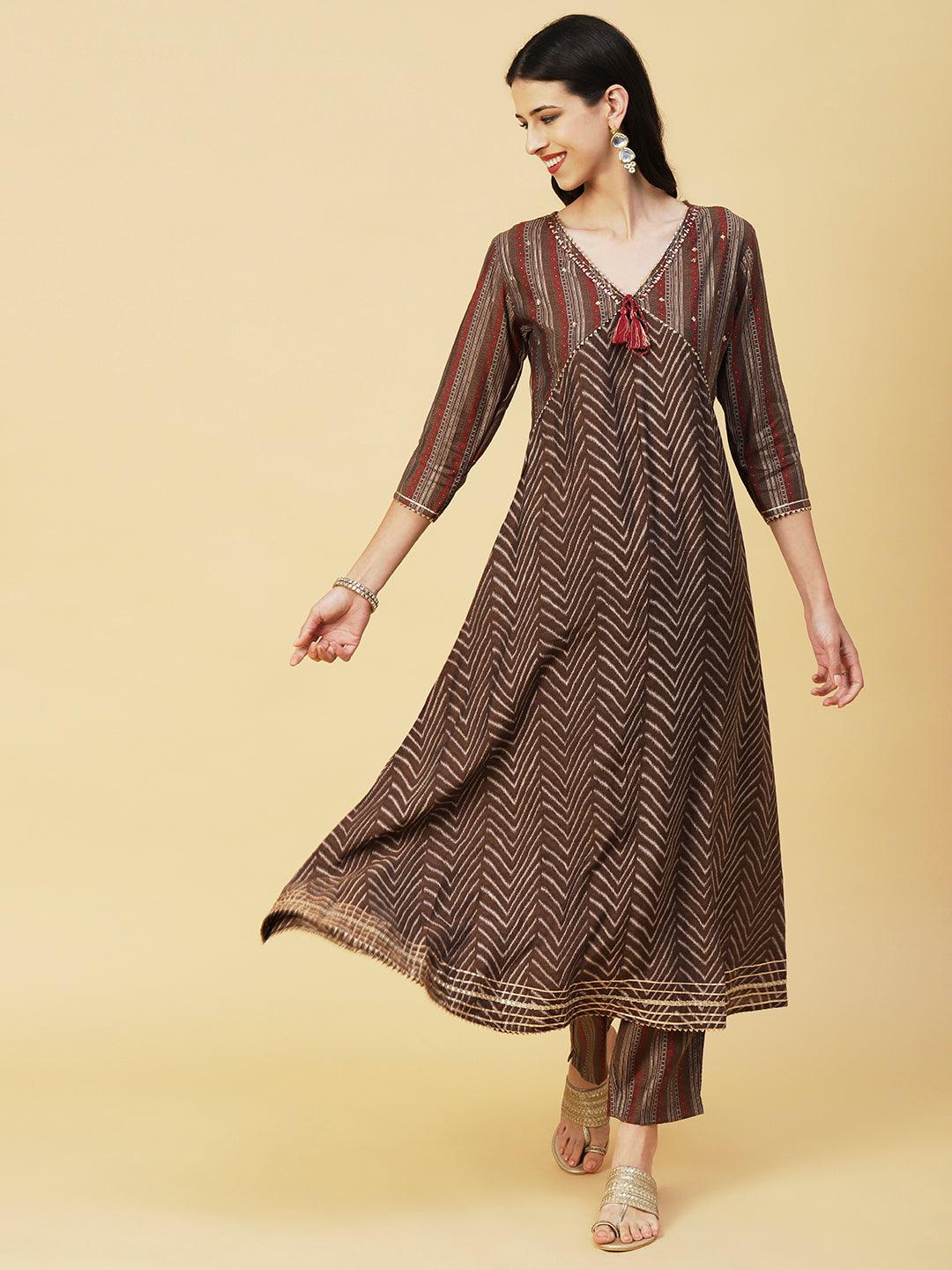 Chevron Printed Mirror & Sequins Embroidered Kurta With Pants & Dupatta - Brown - Indiakreations