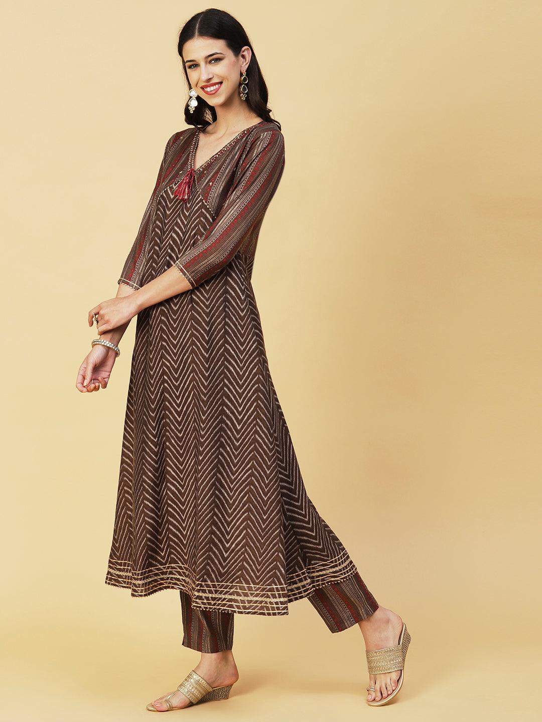 Chevron Printed Mirror & Sequins Embroidered Kurta With Pants & Dupatta - Brown - Indiakreations