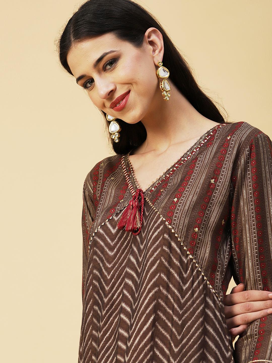 Chevron Printed Mirror & Sequins Embroidered Kurta With Pants & Dupatta - Brown - Indiakreations