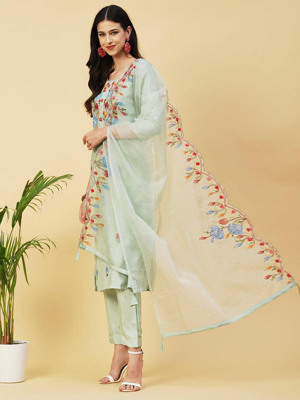 Floral Hand Painted Kantha Embroidered Kurta With Pants & Hand Painted Dupatta - Mint Green - Indiakreations