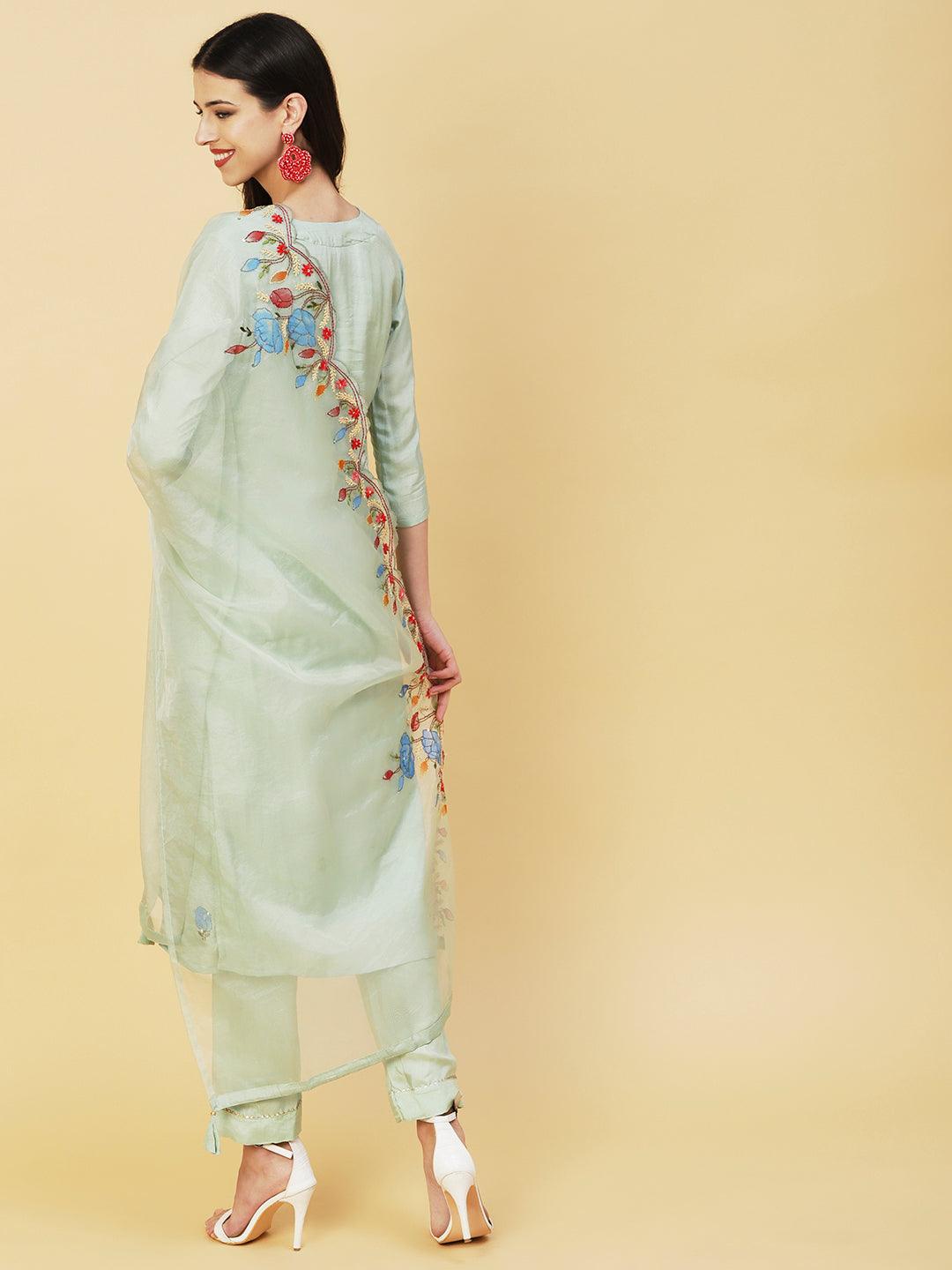 Floral Hand Painted Kantha Embroidered Kurta With Pants & Hand Painted Dupatta - Mint Green - Indiakreations