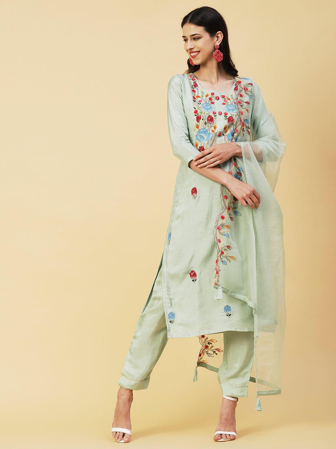 Floral Hand Painted Kantha Embroidered Kurta With Pants & Hand Painted Dupatta - Mint Green - Indiakreations