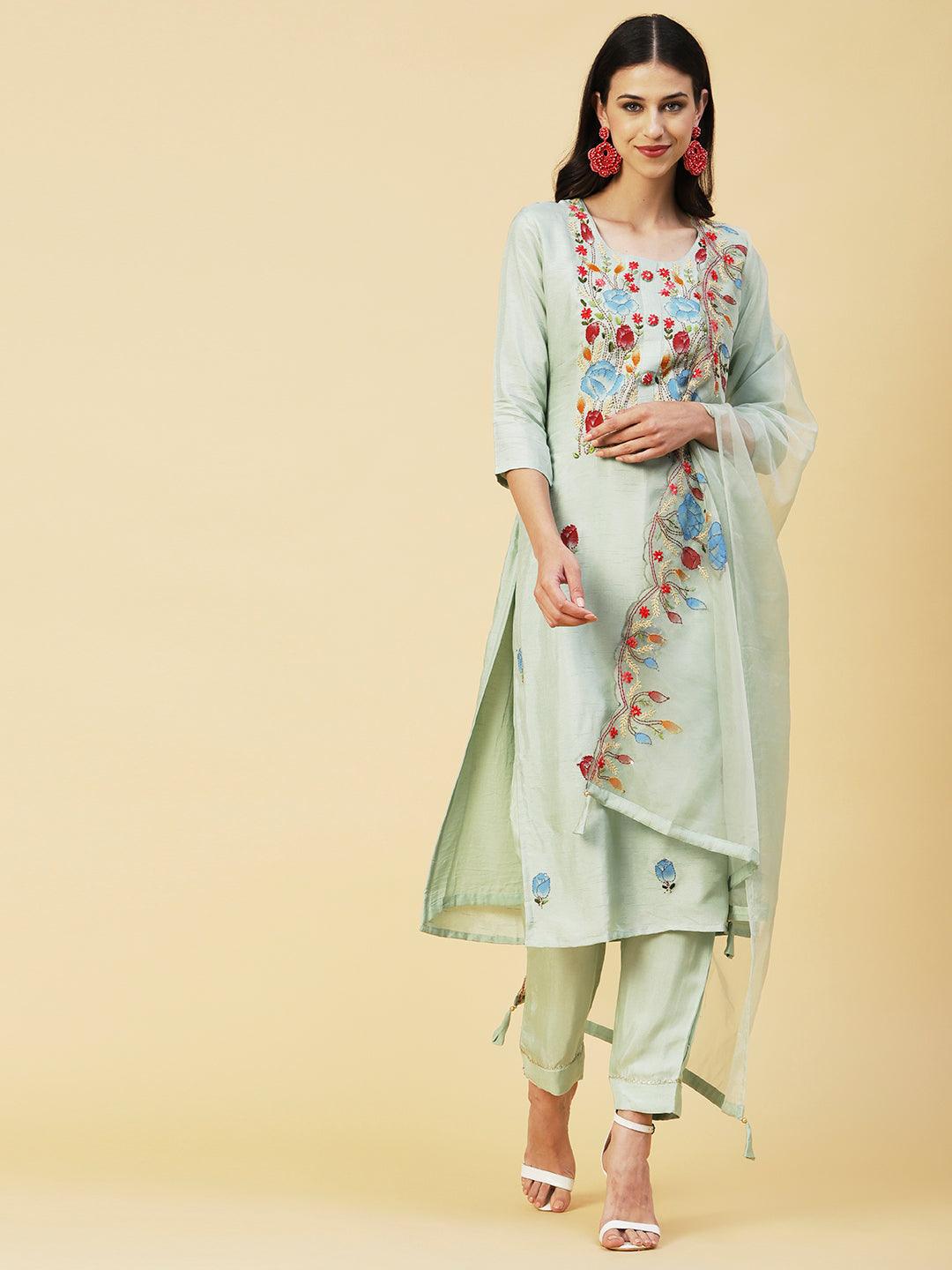 Floral Hand Painted Kantha Embroidered Kurta With Pants & Hand Painted Dupatta - Mint Green - Indiakreations