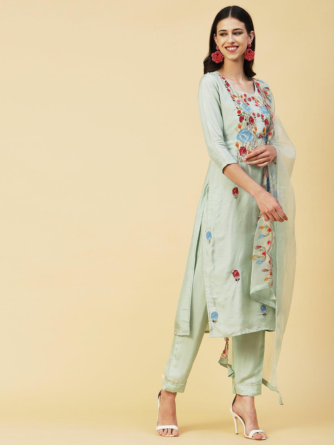 Floral Hand Painted Kantha Embroidered Kurta With Pants & Hand Painted Dupatta - Mint Green - Indiakreations