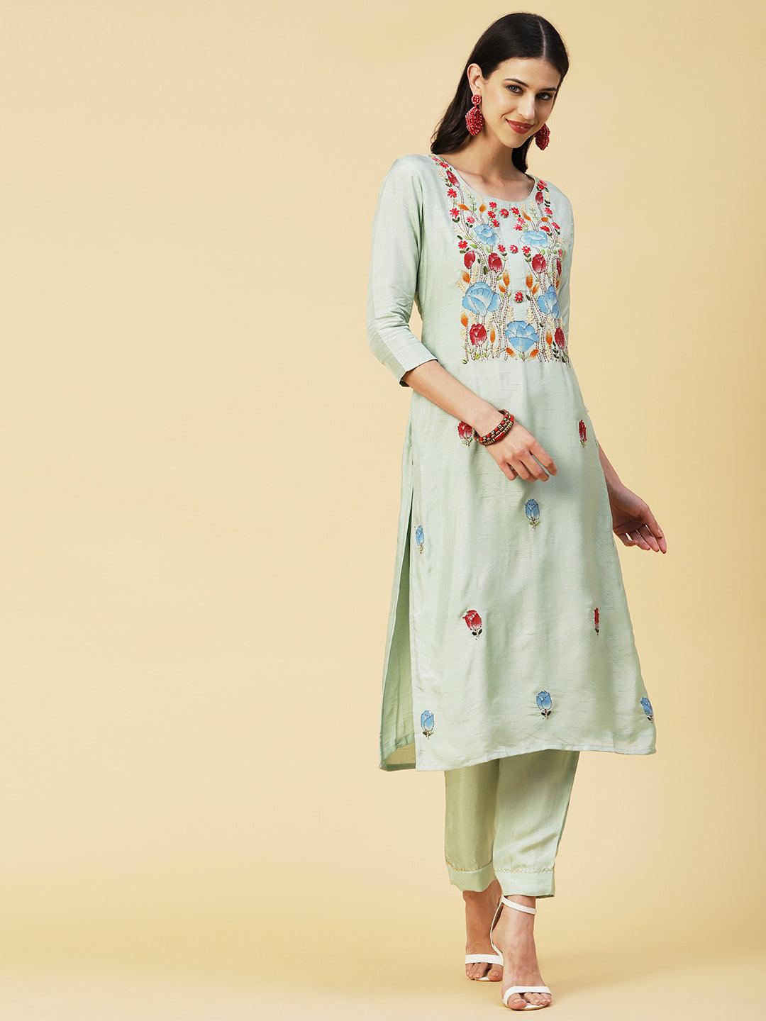 Floral Hand Painted Kantha Embroidered Kurta With Pants & Hand Painted Dupatta - Mint Green - Indiakreations