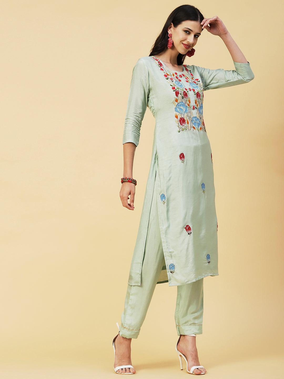 Floral Hand Painted Kantha Embroidered Kurta With Pants & Hand Painted Dupatta - Mint Green - Indiakreations