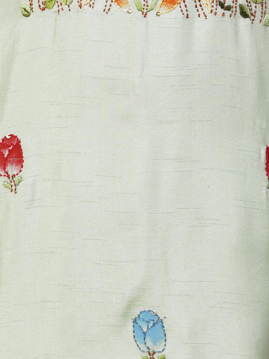 Floral Hand Painted Kantha Embroidered Kurta With Pants & Hand Painted Dupatta - Mint Green - Indiakreations