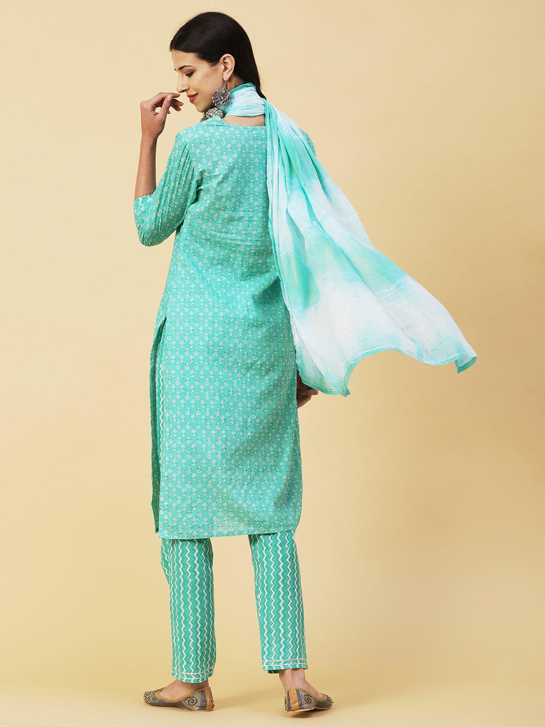 Floral Block Printed Resham & Zari Embroidered Kurta With Pants & Shibori Dupatta - Sea Green - Indiakreations