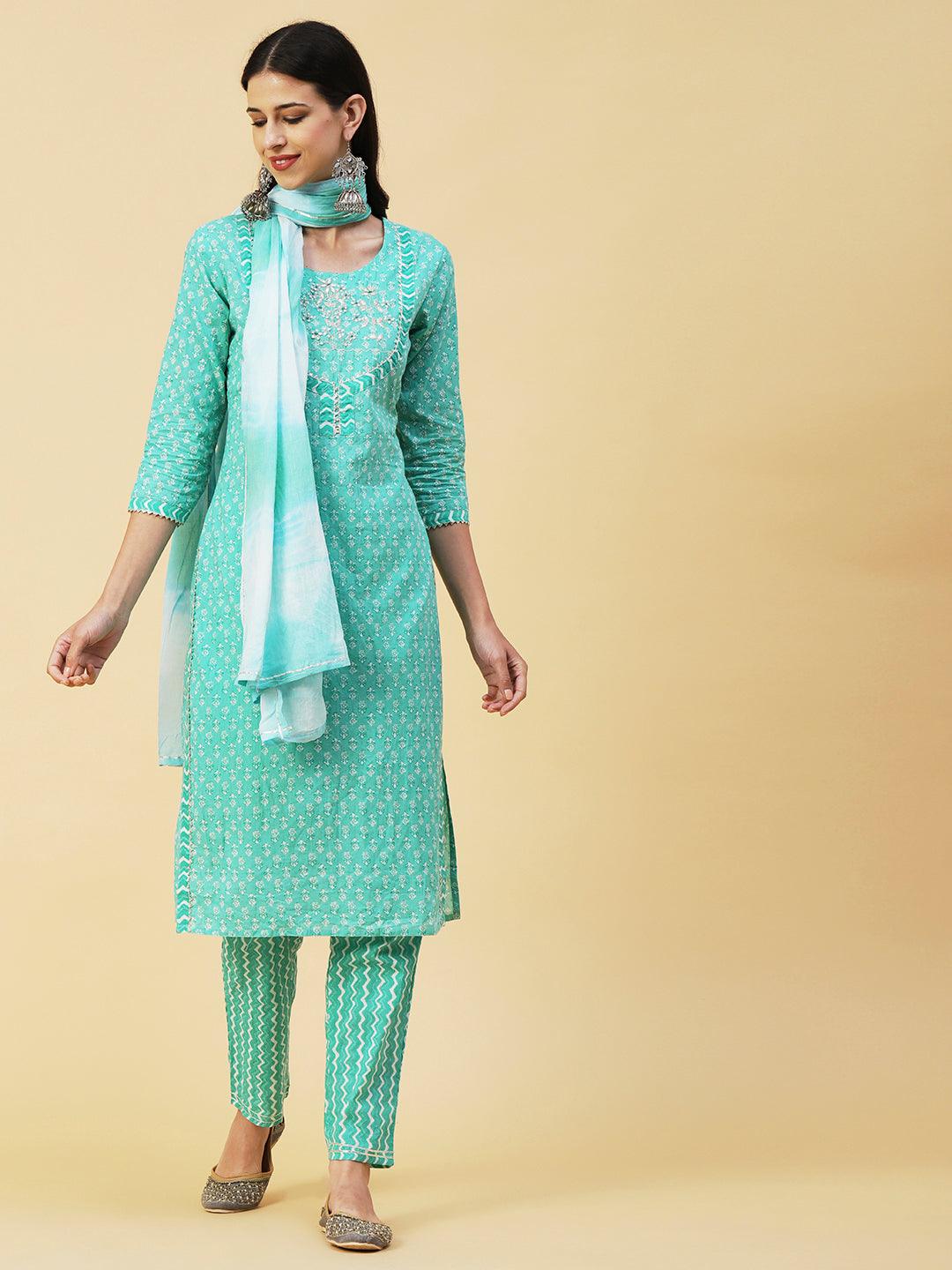 Floral Block Printed Resham & Zari Embroidered Kurta With Pants & Shibori Dupatta - Sea Green - Indiakreations