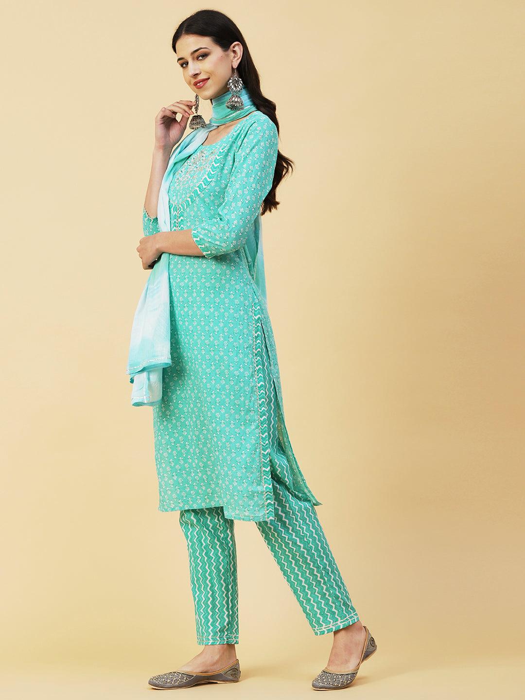 Floral Block Printed Resham & Zari Embroidered Kurta With Pants & Shibori Dupatta - Sea Green - Indiakreations