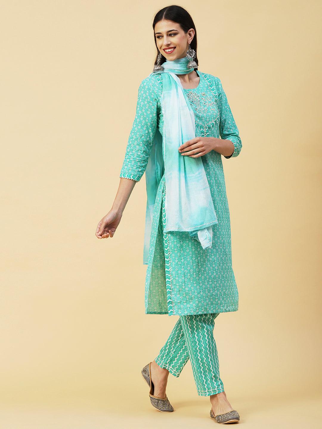 Floral Block Printed Resham & Zari Embroidered Kurta With Pants & Shibori Dupatta - Sea Green - Indiakreations