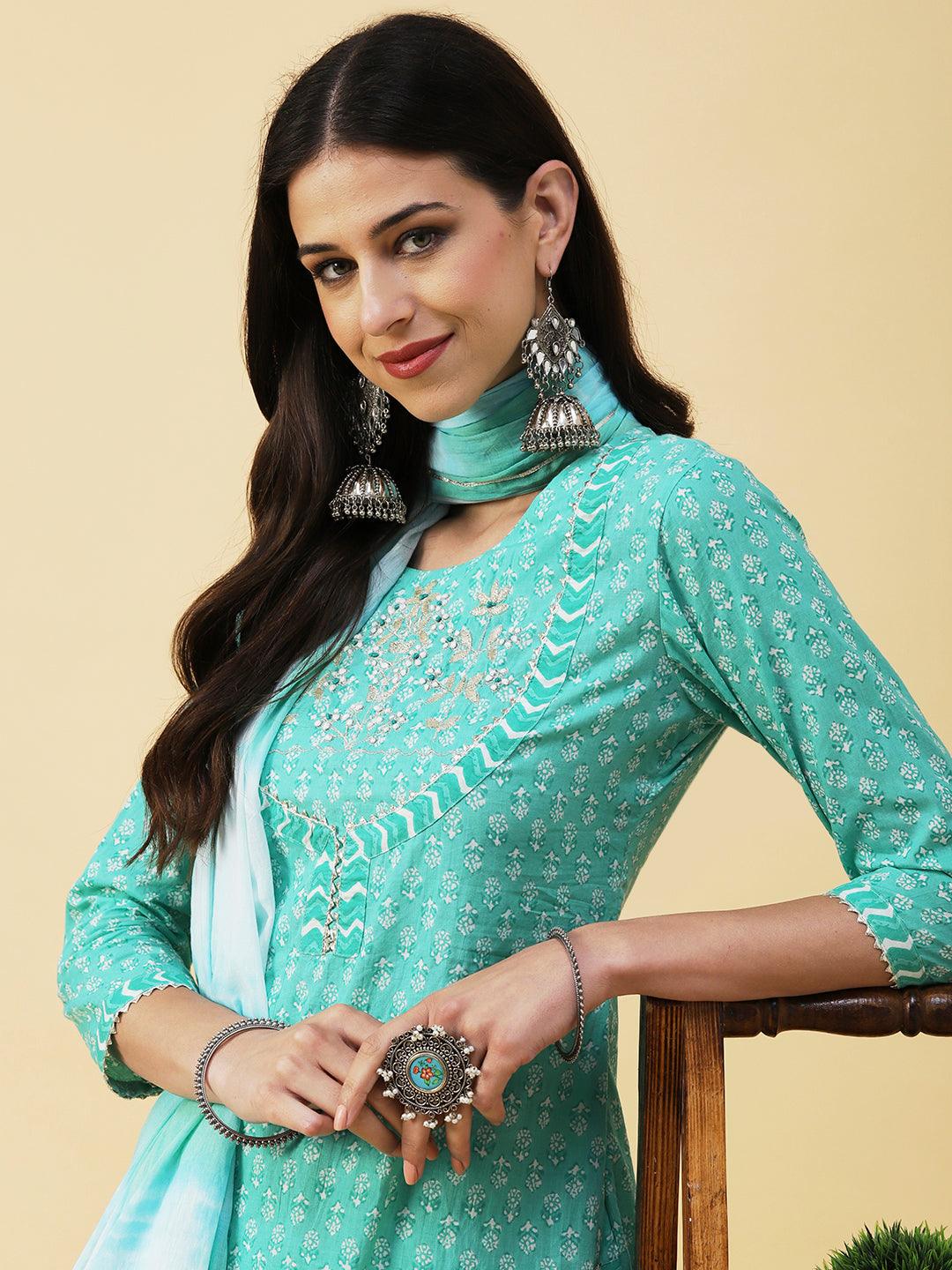 Floral Block Printed Resham & Zari Embroidered Kurta With Pants & Shibori Dupatta - Sea Green - Indiakreations