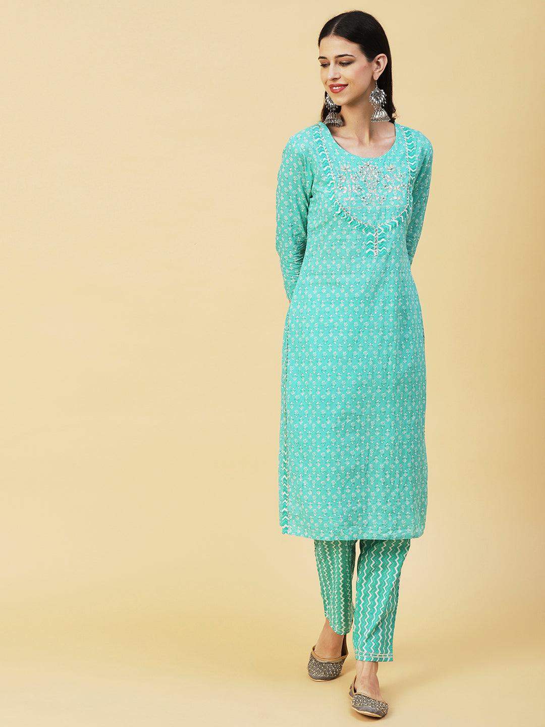 Floral Block Printed Resham & Zari Embroidered Kurta With Pants & Shibori Dupatta - Sea Green - Indiakreations