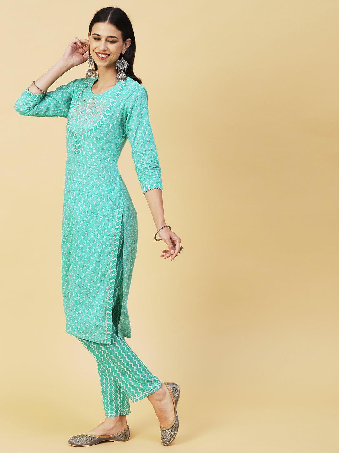 Floral Block Printed Resham & Zari Embroidered Kurta With Pants & Shibori Dupatta - Sea Green - Indiakreations